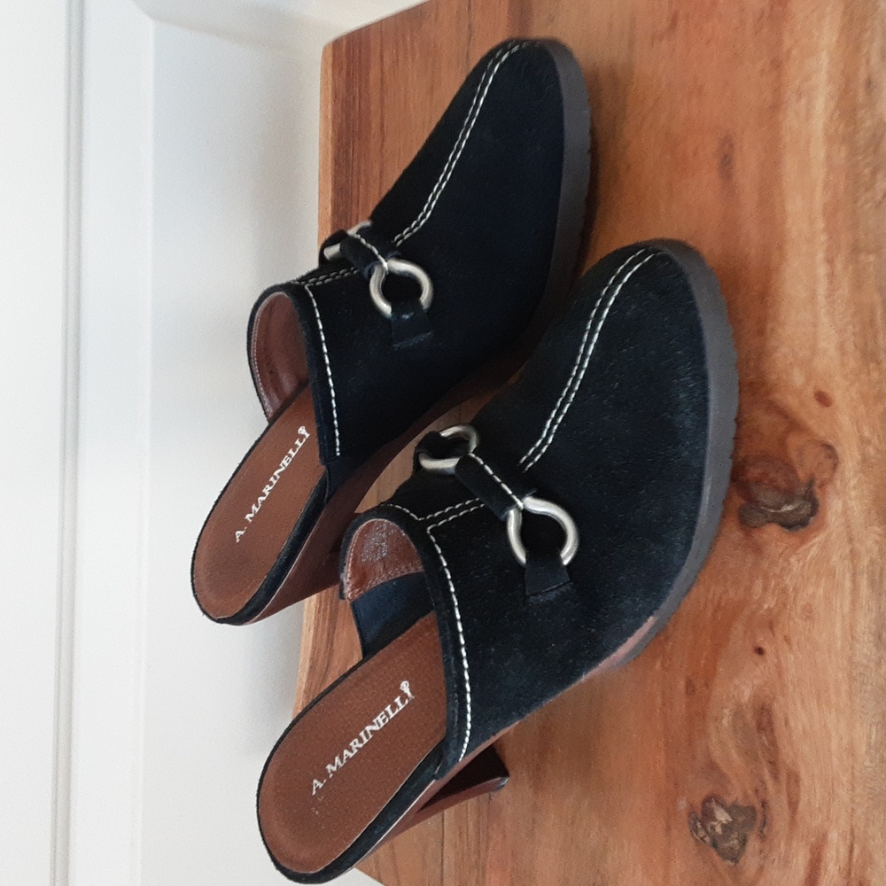 A. Marinelli Black Suede Horse Bit Mule Clog size 9.5